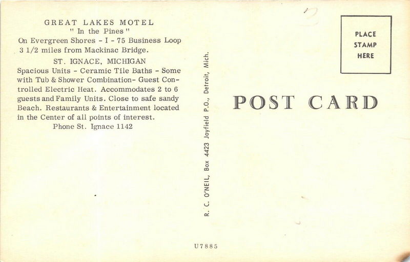 Great Lakes Motel - Vintage Postcard Back